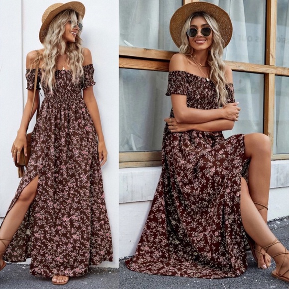 Off Shoulder Burgundy Floral Smocked Dress Two Front Slits Short Sleeves - Picture 2 of 5